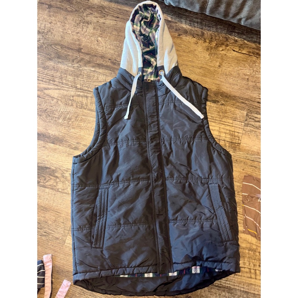 Weatherproof Mens Black Puffer Vest Plaid Flannel Lined Hooded Jacket Medium